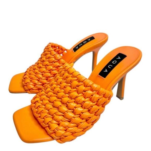 AQUA Woven Sandals Size 8 Orange High Heel‎ Open Square Toe NEW - Picture 1 of 12